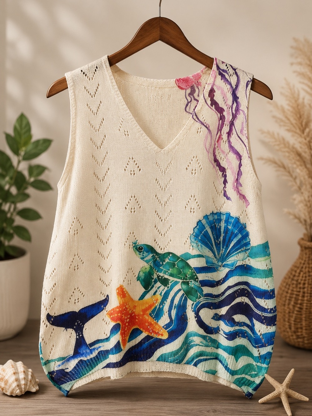 Cream Ocean-Print V-Neck Tank Top with Sea Life Motif